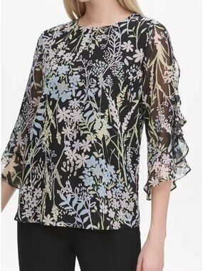 Calvin Klein Ladies Dark Floral Blouse Top Size M Ruffled 3/4 Sleeves Career